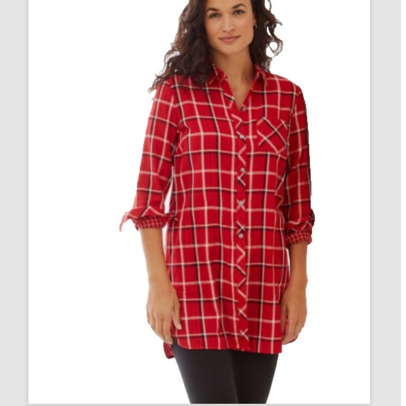 J. Jill Red Plaid Button Front Tunic Shirt L Cotton Long Sleeve Oversized - Picture 1 of 11